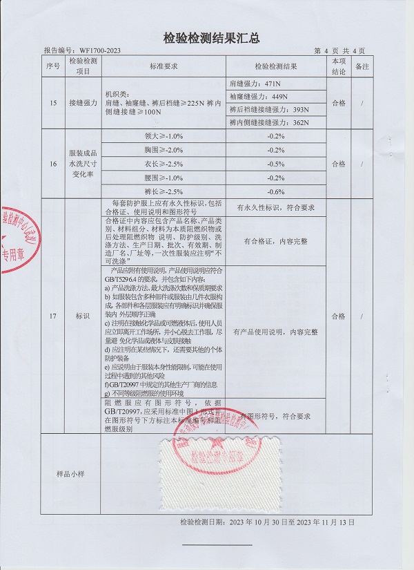 阻燃工作服檢測報(bào)告