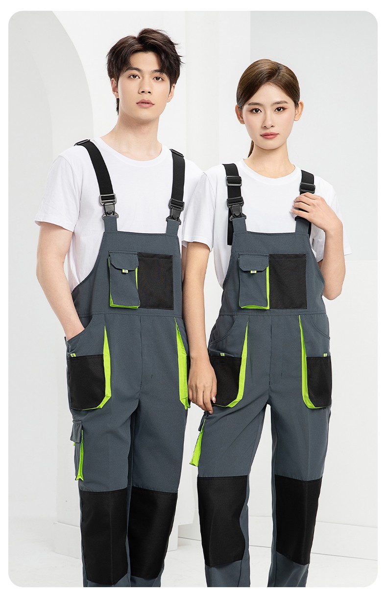 WF290 海源春秋背帶工裝男多兜牛津加固耐磨印LOGO機(jī)修連體廠服勞保服(圖16)