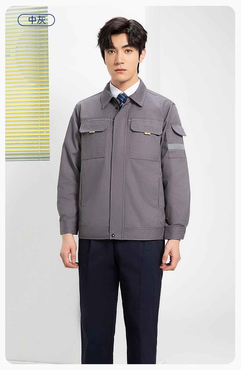YJ-5601 春秋長(zhǎng)袖工作服套裝印字logo男工廠車間反光條耐磨加厚工裝勞保服(圖16)